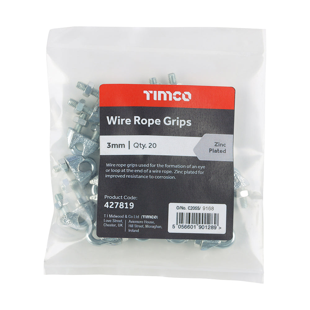 This is an image of Timco - Wire Rope Grips - Zinc 3mm (20 Pieces Bag) 427819