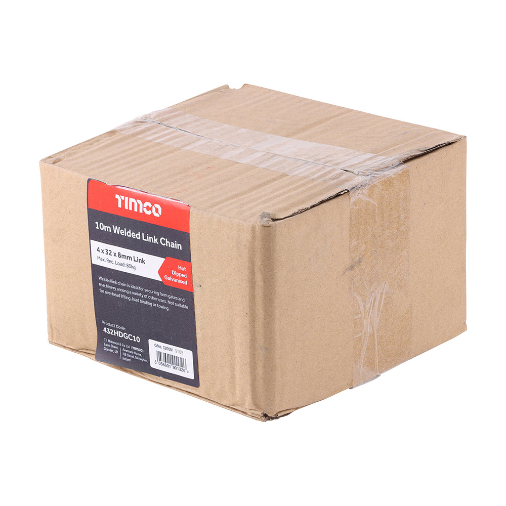 This is an image of Timco - Welded Link Chain - Hot Dipped Galvanised 4 x 32 x 8mm (10m) (1 Each Box) 432HDGC10