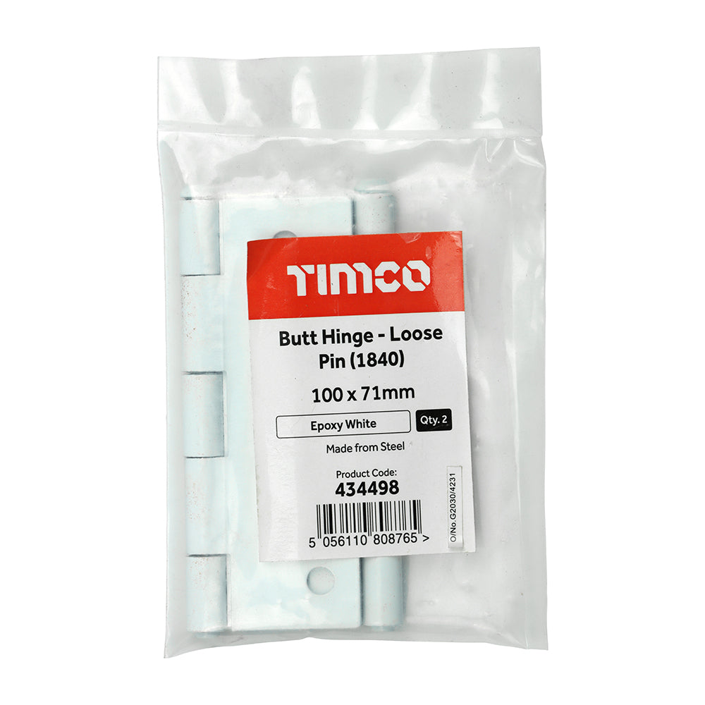 This is an image of Timco - Plain Butt Hinge - Loose Pin (1840) - White 100 x 71 (1 Pairs Plain Bag) 434498