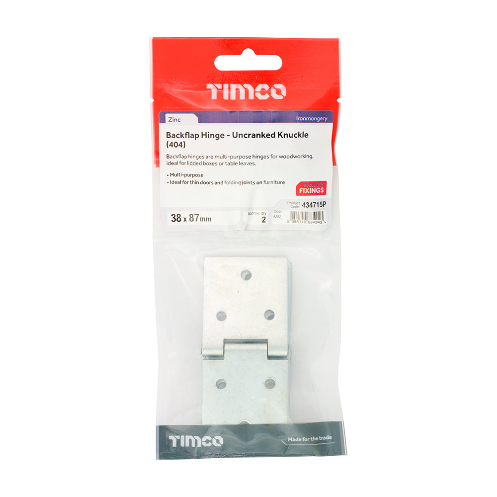 This is an image of Timco - Backflap Hinge - Uncranked Knuckle (404) - Zinc 38 x 87 (1 Pairs TIMpac) 434715P