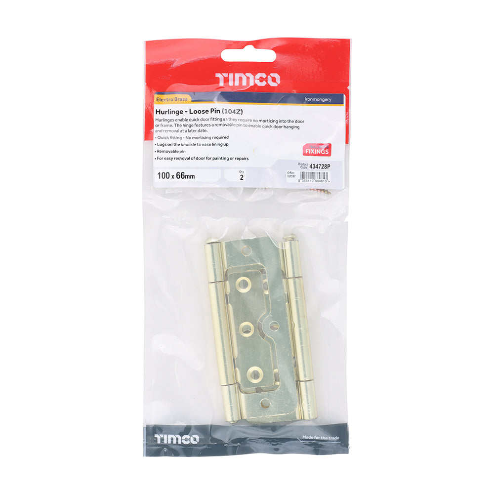This is an image of Timco - Hurlinge - Loose Pin (104Z) - Electro Brass 100 x 66 (1 Pairs TIMbag) 434728P