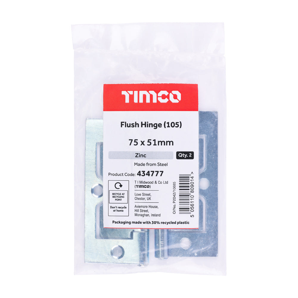 This is an image of Timco - Flush Hinge (105) - Zinc 75 x 51 (1 Pairs Plain Bag) 434777