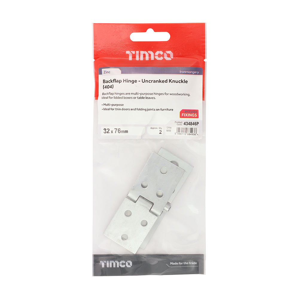 This is an image of Timco - Backflap Hinge - Uncranked Knuckle (404) - Zinc 32 x 76 (1 Pairs TIMpac) 434846P