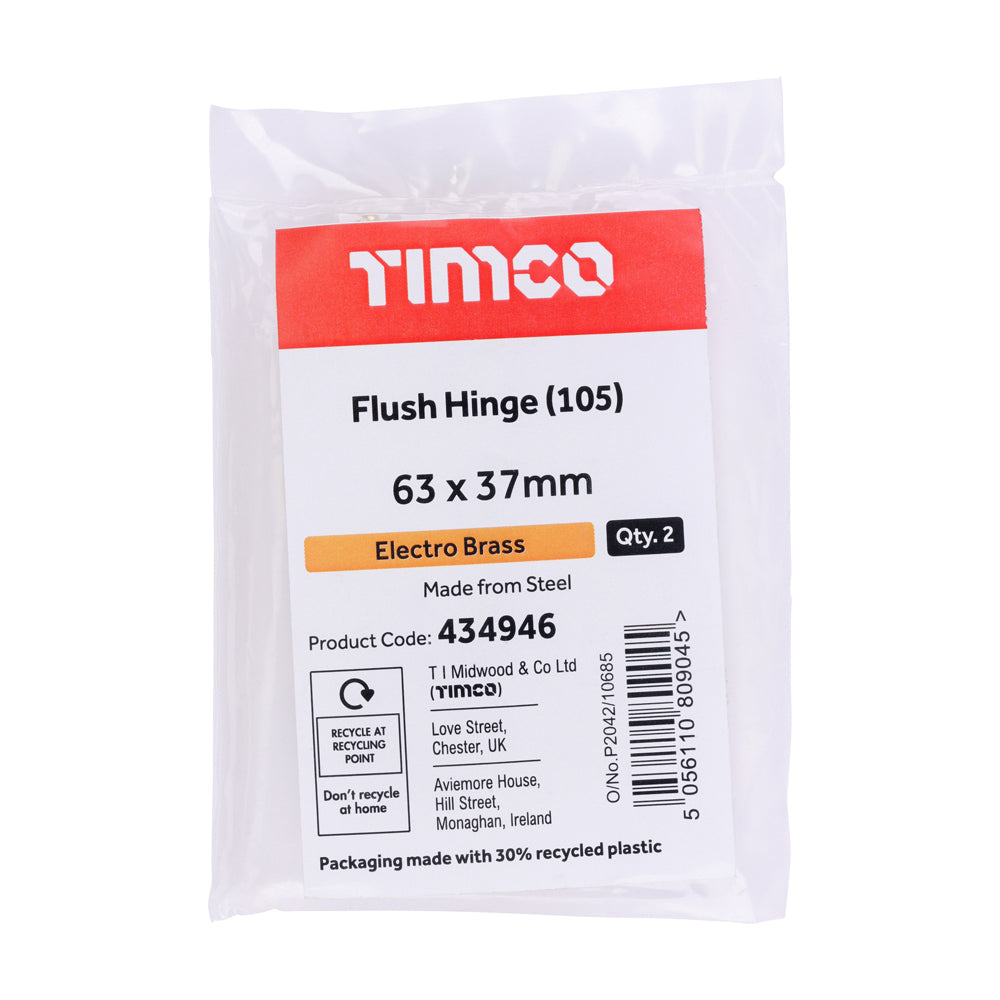 This is an image of Timco - Flush Hinge (105) - Electro Brass 63 x 37 (1 Pairs Plain Bag) 434946