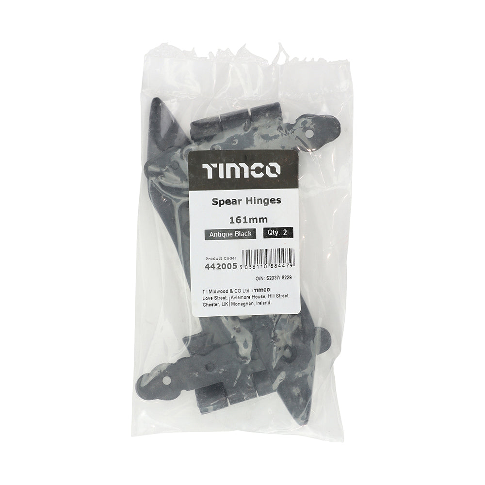This is an image of Timco - Pair of Spear Hinges - Antique Black 161mm (1 Pairs Bag) 442005