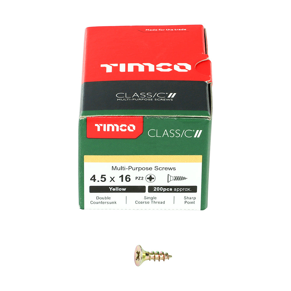 This is an image of Timco - Classic Multi-Purpose Screws - PZ - Double Countersunk - Yellow 4.5 x 16mm - (200 PCS Box) 45016CLAF