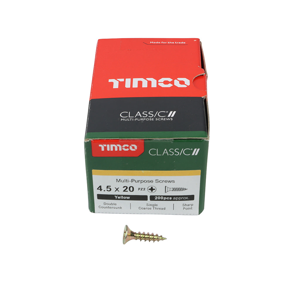This is an image of Timco - Classic Multi-Purpose Screws - PZ - Double Countersunk - Yellow 4.5 x 20mm - (200 PCS Box) 45020CLAF