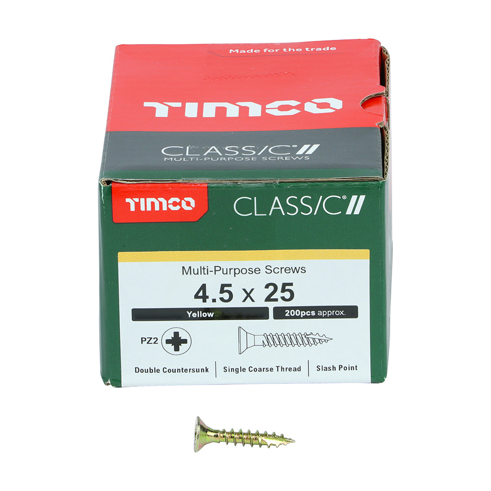 This is an image of Timco - Classic Multi-Purpose Screws - PZ - Double Countersunk - Yellow 4.5 x 25mm - (200 PCS Box) 45025CLAF