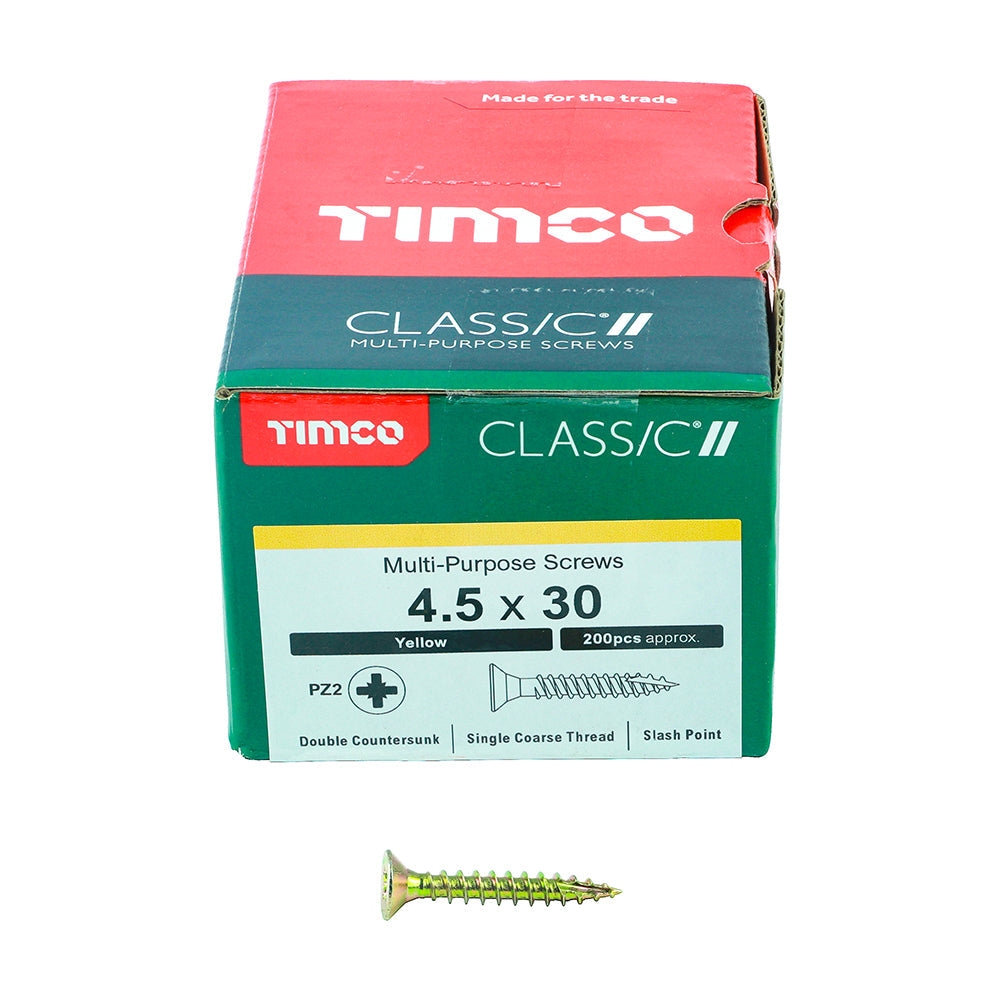 This is an image of Timco - Classic Multi-Purpose Screws - PZ - Double Countersunk - Yellow 4.5 x 30mm - (200 PCS Box) 45030CLAF