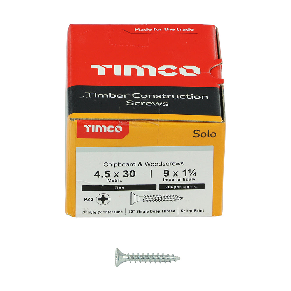 This is an image of Timco - Solo Chipboard & Woodscrews - PZ - Double Countersunk - Zinc 4.5 x 30mm - (200 PCS Box) 45030SOLOZ