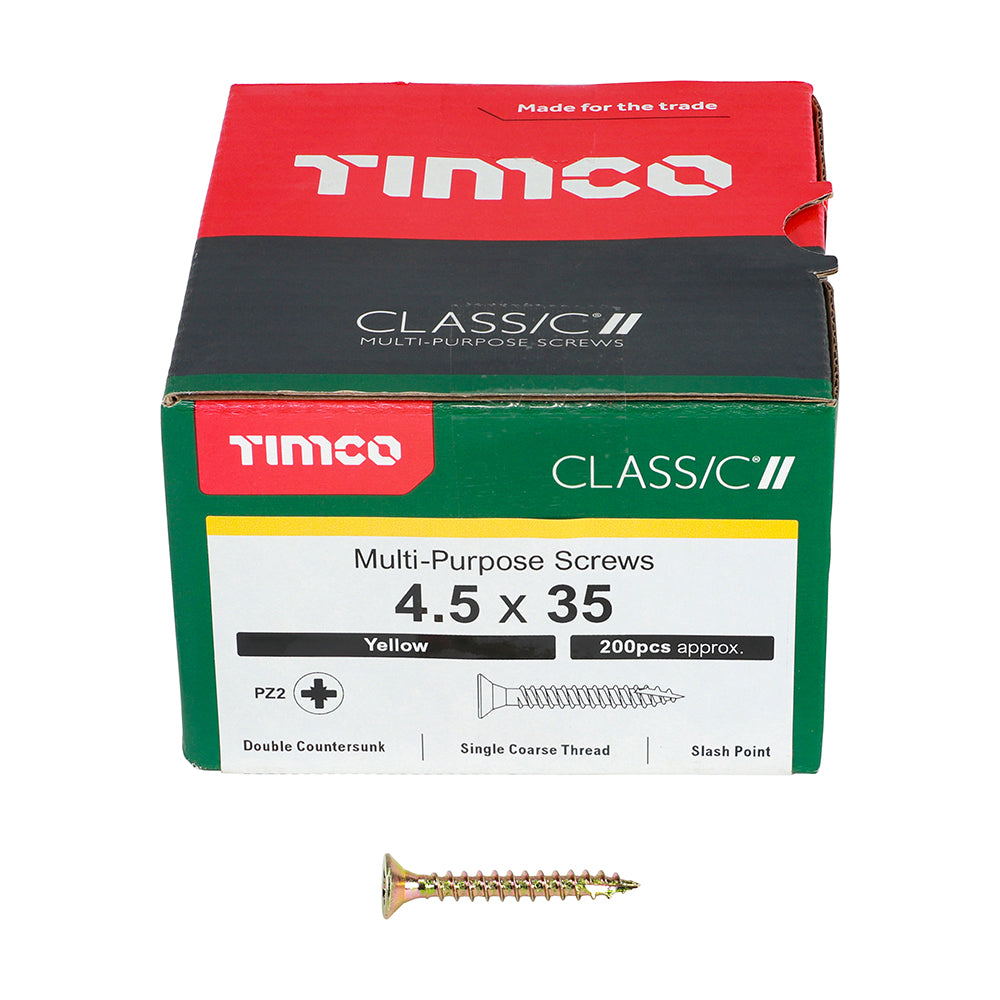 This is an image of Timco - Classic Multi-Purpose Screws - PZ - Double Countersunk - Yellow 4.5 x 35mm - (200 PCS Box) 45035CLAF