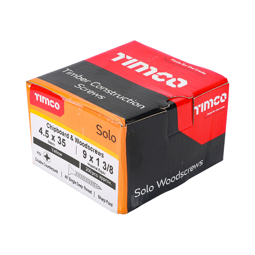 This is an image of Timco - Solo Chipboard & Woodscrews - PZ - Double Countersunk - Yellow 4.5 x 35mm - (200 PCS Box) 45035SOLOC