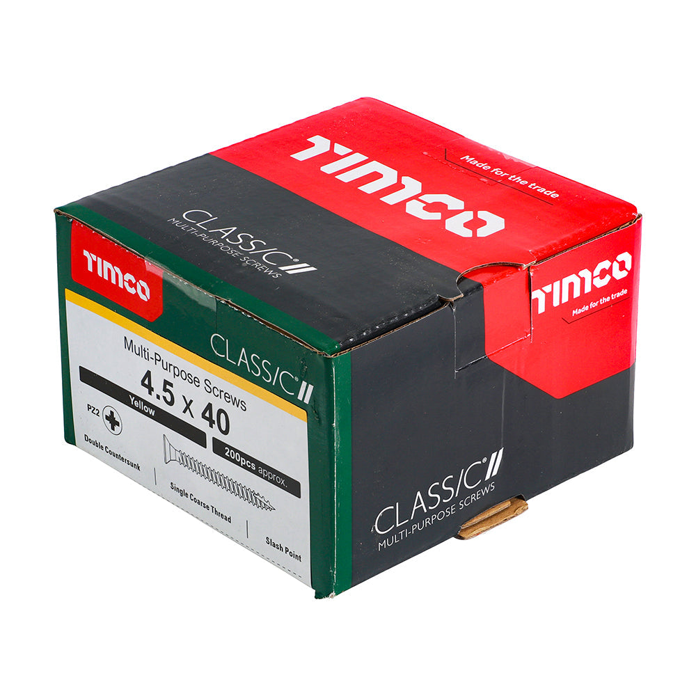 This is an image of Timco - Classic Multi-Purpose Screws - PZ - Double Countersunk - Yellow 4.5 x 40mm - (200 PCS Box) 45040CLAF