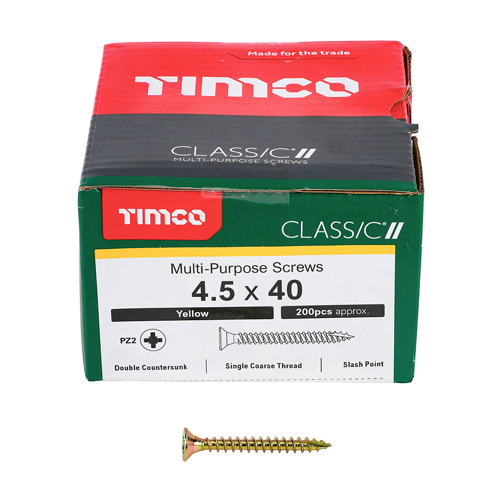 This is an image of Timco - Classic Multi-Purpose Screws - PZ - Double Countersunk - Yellow 4.5 x 40mm - (200 PCS Box) 45040CLAF