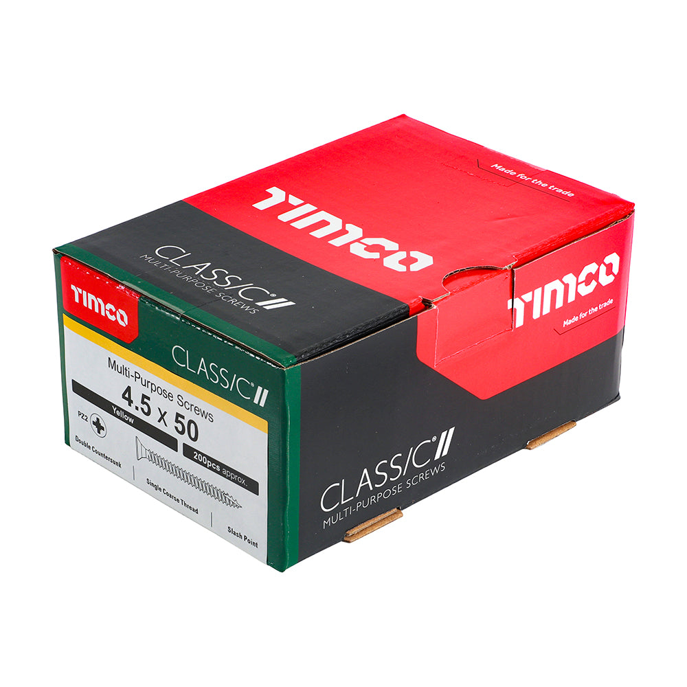 This is an image of Timco - Classic Multi-Purpose Screws - PZ - Double Countersunk - Yellow 4.5 x 50mm - (200 PCS Box) 45050CLAF
