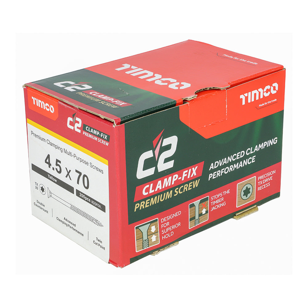 This is an image of Timco - C2 Clamp-Fix Screws - TX - Double Countersunk with Ribs - Twin-Cut - Yellow 4.5 x 70mm - (200 PCS Box) 45070C2C