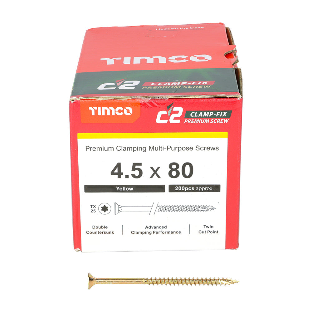 This is an image of Timco - C2 Clamp-Fix Screws - TX - Double Countersunk with Ribs - Twin-Cut - Yellow 4.5 x 80mm - (200 PCS Box) 45080C2C