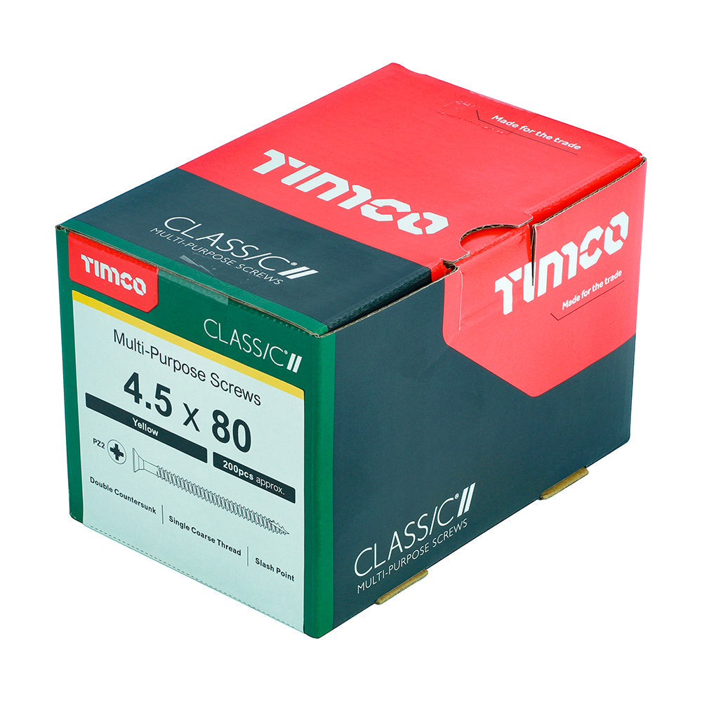This is an image of Timco - Classic Multi-Purpose Screws - PZ - Double Countersunk - Yellow 4.5 x 80mm - (200 PCS Box) 45080CLAF