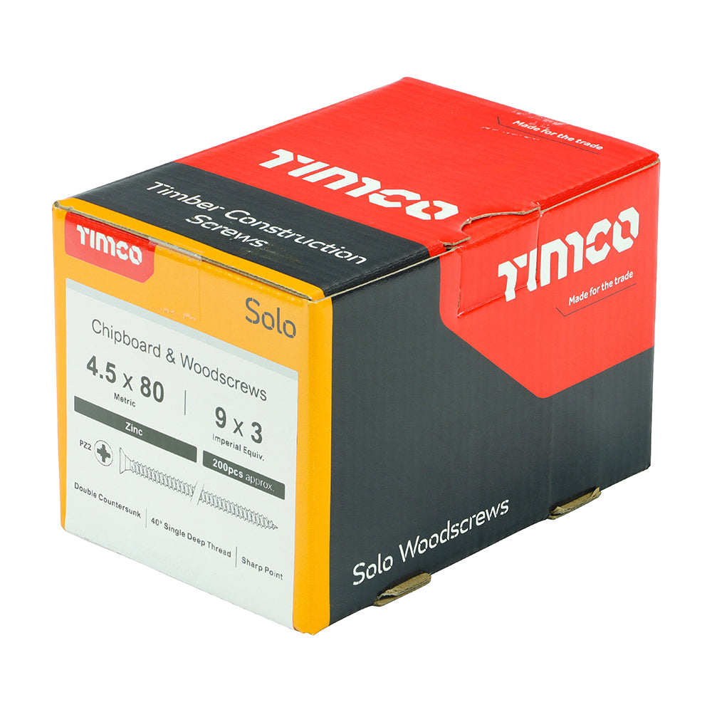 This is an image of Timco - Solo Chipboard & Woodscrews - PZ - Double Countersunk - Zinc 4.5 x 80mm - (200 PCS Box) 45080SOLOZ