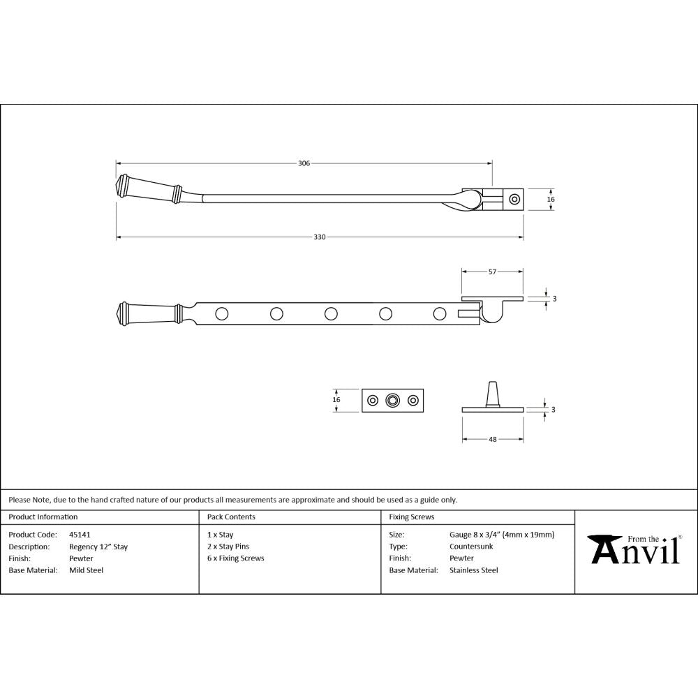 From The Anvil - Pewter 12" Regency Stay | Sku. 45141 | Trade Door Handles.