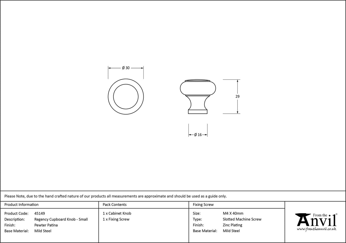 From The Anvil - Pewter Regency Cabinet Knob - Small | Sku. 45149 | Trade Door Handles.