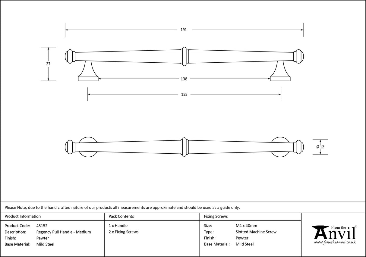 From The Anvil - Pewter Regency Pull Handle - Medium | Sku. 45152 | Trade Door Handles.