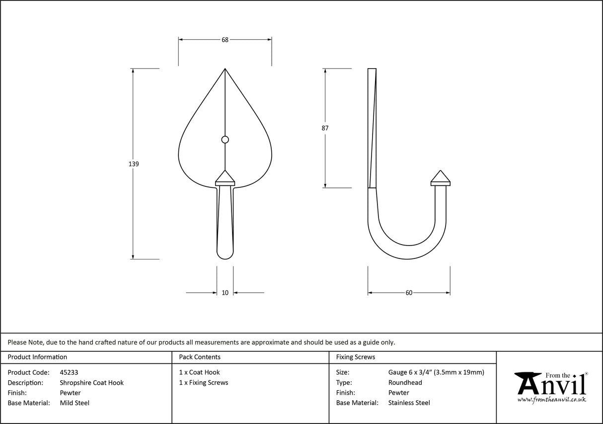 From The Anvil - Pewter Shropshire Coat Hook | Sku. 45233 | Trade Door Handles.
