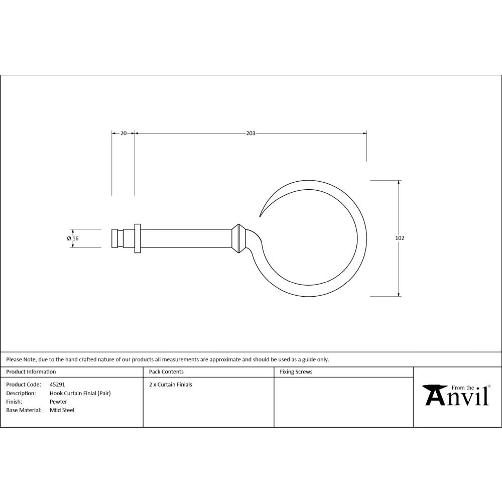 From The Anvil - Pewter Hook Curtain Finial (Pair) | Sku. 45291 | Trade Door Handles.