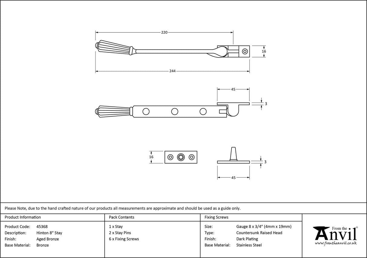 From The Anvil - Aged Bronze 8" Hinton Stay | Sku. 45368 | Trade Door Handles.