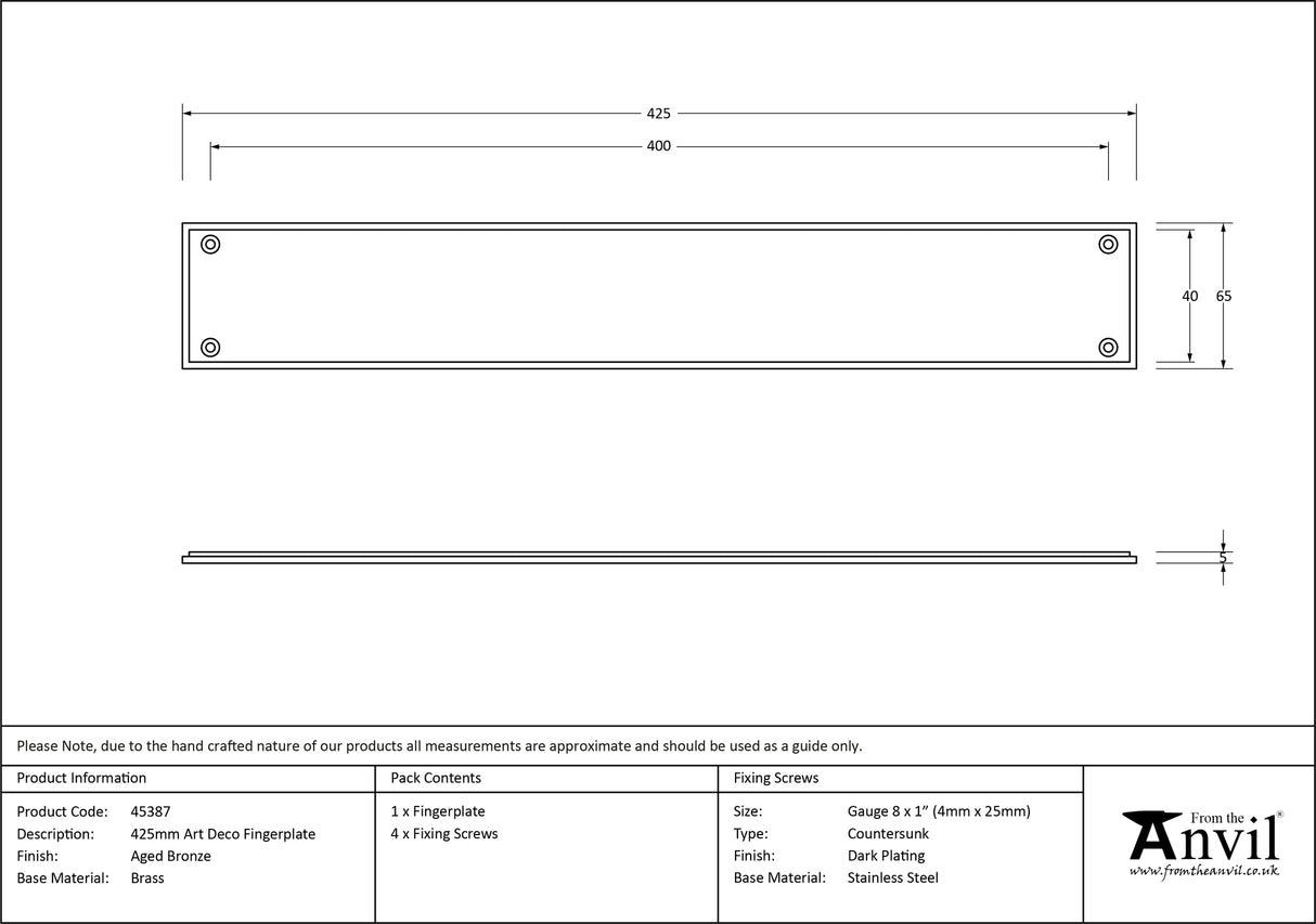 From The Anvil - Aged Bronze 425mm Art Deco Fingerplate | Sku. 45387 | Trade Door Handles.