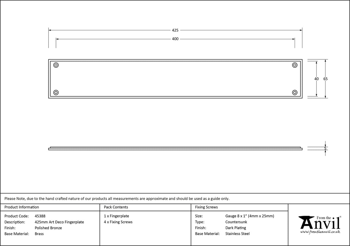 From The Anvil - Polished Bronze 425mm Art Deco Fingerplate | Sku. 45388 | Trade Door Handles.