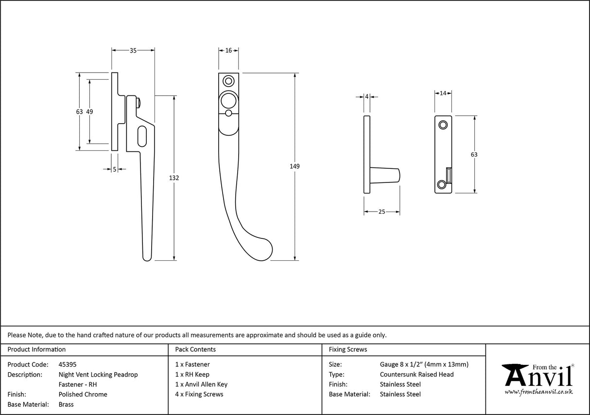 From The Anvil - Polished Chrome Night-Vent Locking Peardrop Fastener - RH | Sku. 45395 | Trade Door Handles.