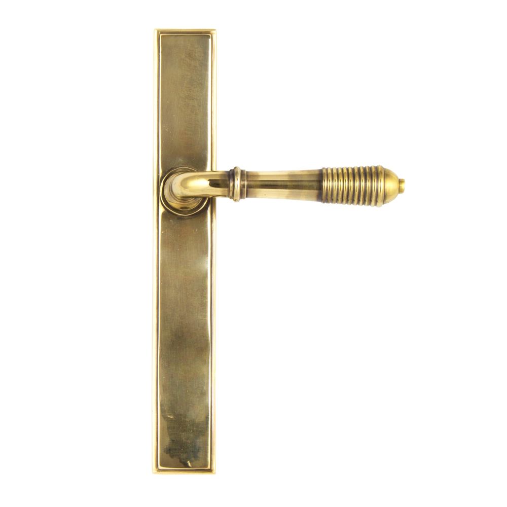 From The Anvil - Aged Brass Reeded Slimline Lever Espag. Latch Set | Sku. 45419 | Trade Door Handles.