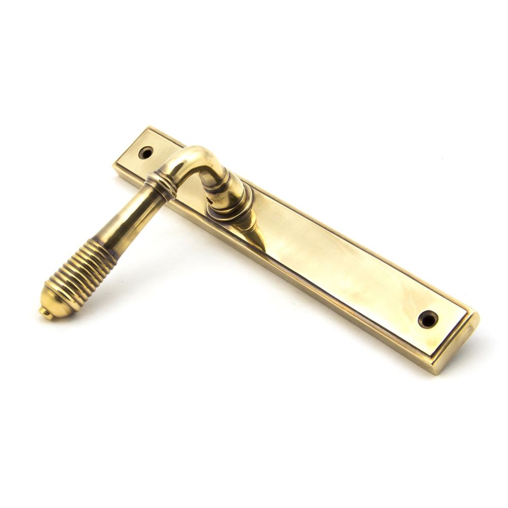 From The Anvil - Aged Brass Reeded Slimline Lever Espag. Latch Set | Sku. 45419 | Trade Door Handles.
