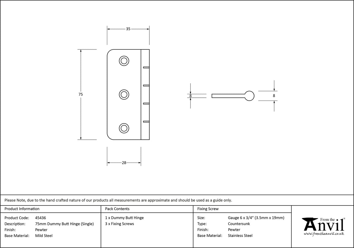From The Anvil - Pewter 3" Dummy Butt Hinge (Single) | Sku. 45436 | Trade Door Handles.