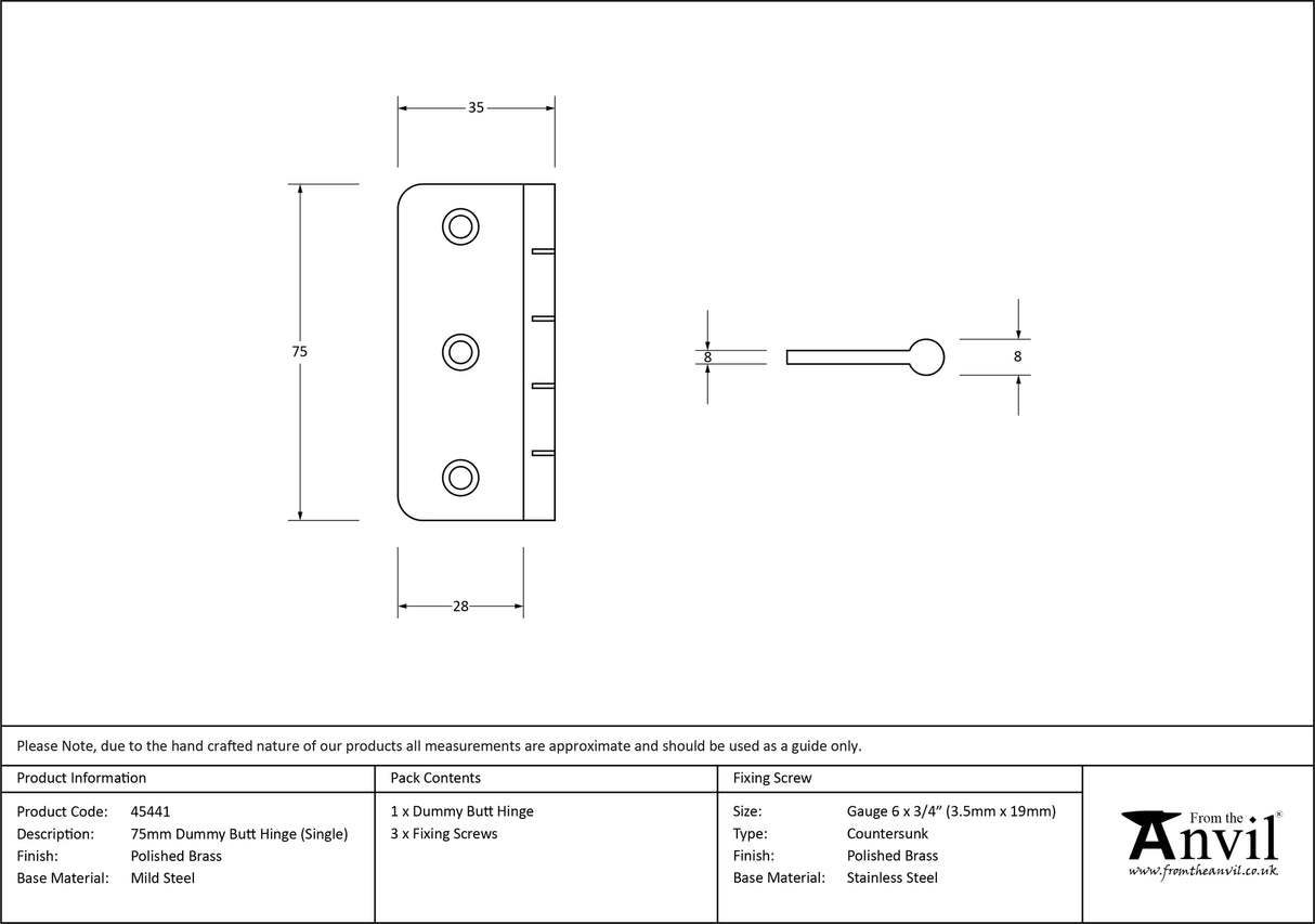From The Anvil - Polished Brass 3" Dummy Butt Hinge (Single) | Sku. 45441 | Trade Door Handles.
