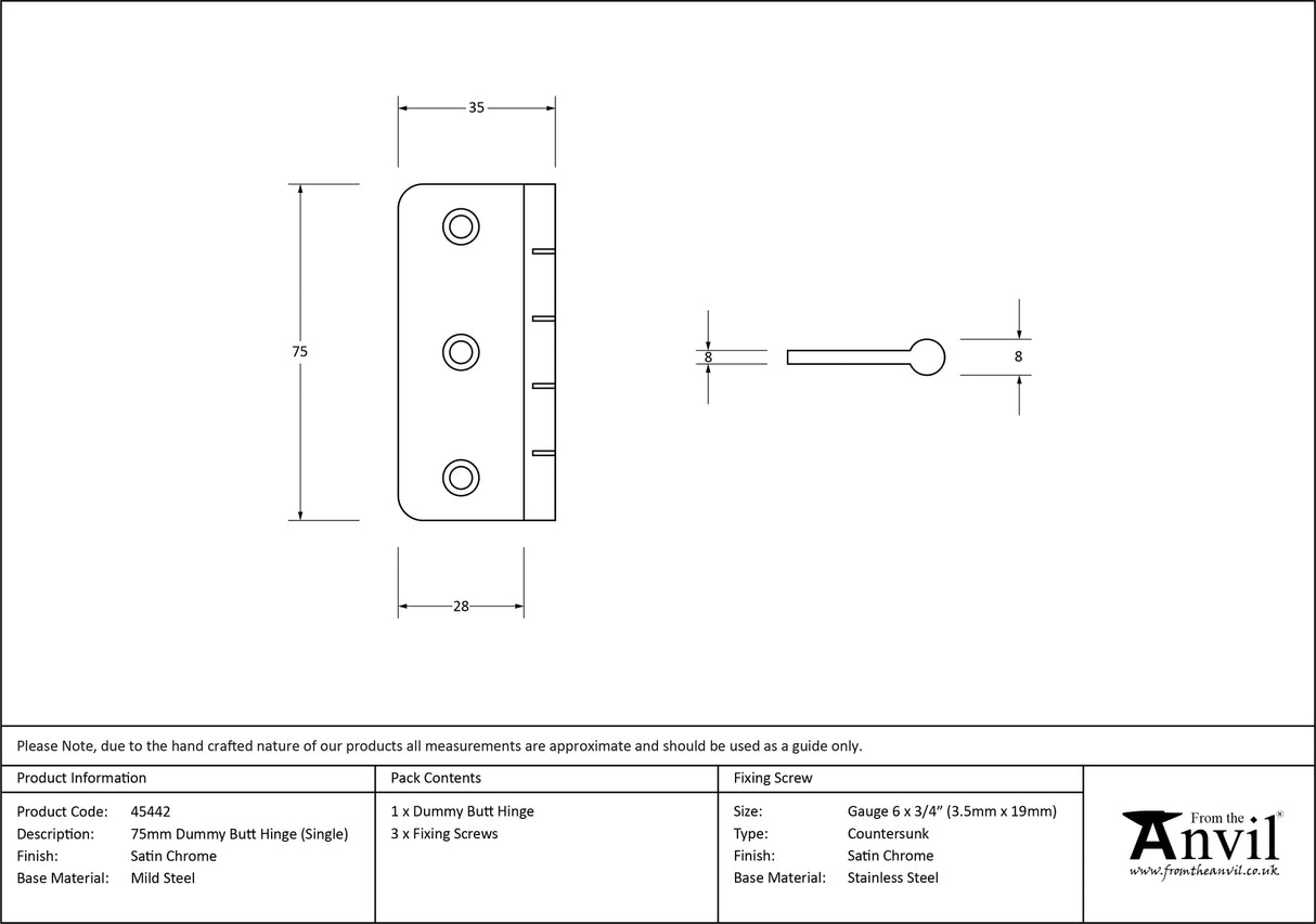 From The Anvil - Satin Chrome 3" Dummy Butt Hinge (Single) | Sku. 45442 | Trade Door Handles.