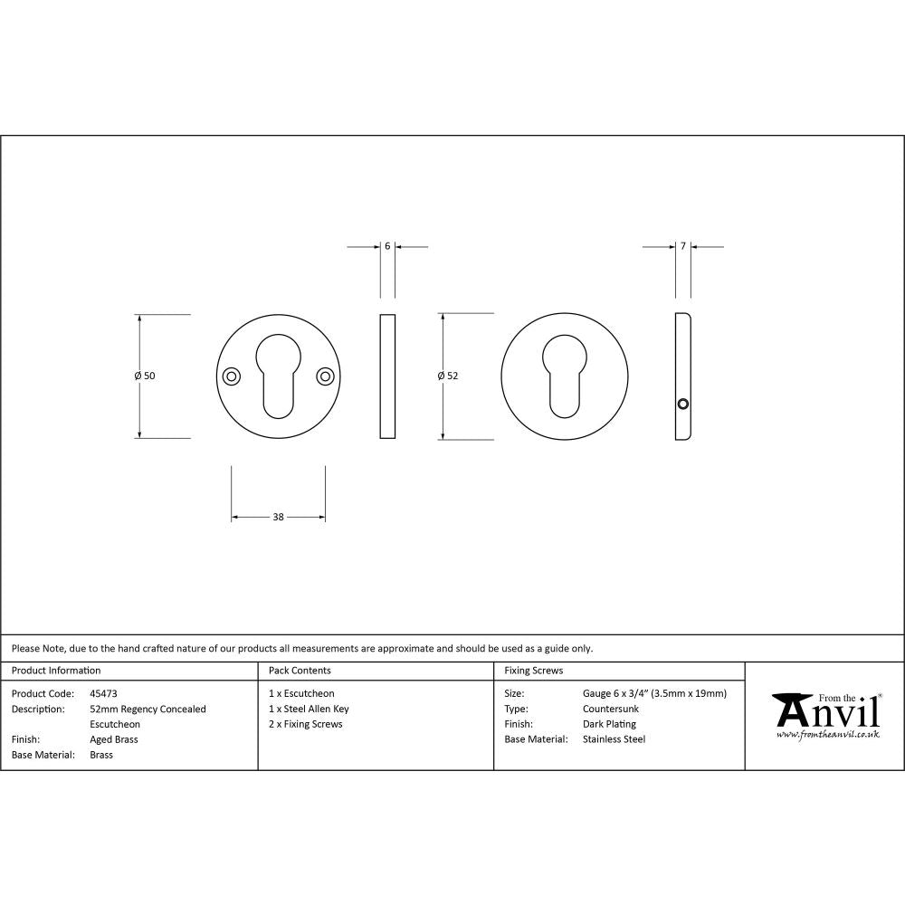 From The Anvil - Aged Brass 52mm Regency Concealed Escutcheon | Sku. 45473 | Trade Door Handles.