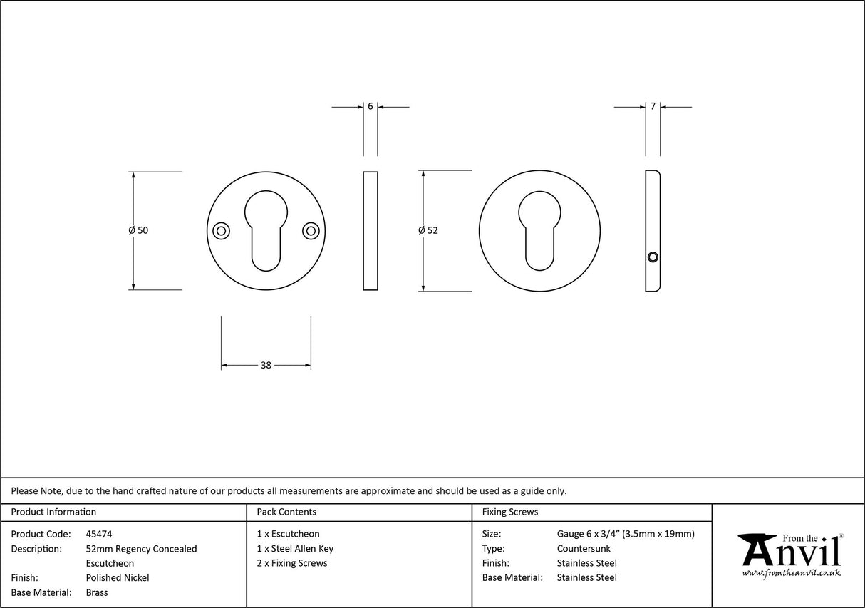 From The Anvil - Polished Nickel 52mm Regency Concealed Escutcheon | Sku. 45474 | Trade Door Handles.