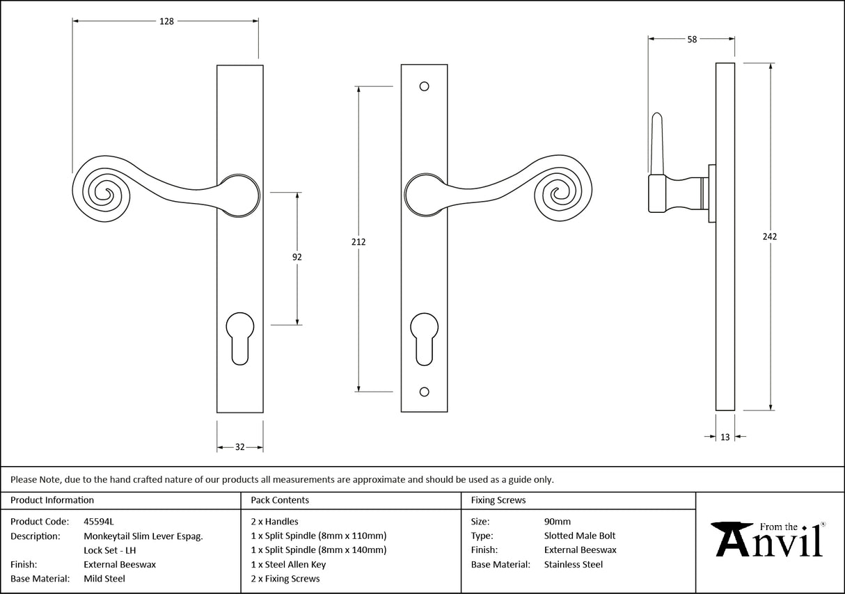 From The Anvil - External Beeswax Monkeytail Slimline Lever Espag. Lock Set - LH | Sku. 45594L | Trade Door Handles.