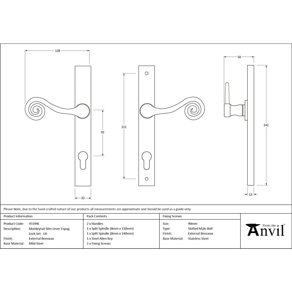 From The Anvil - External Beeswax Monkeytail Slimline Lever Espag. Lock Set - LH | Sku. 45594L | Trade Door Handles.