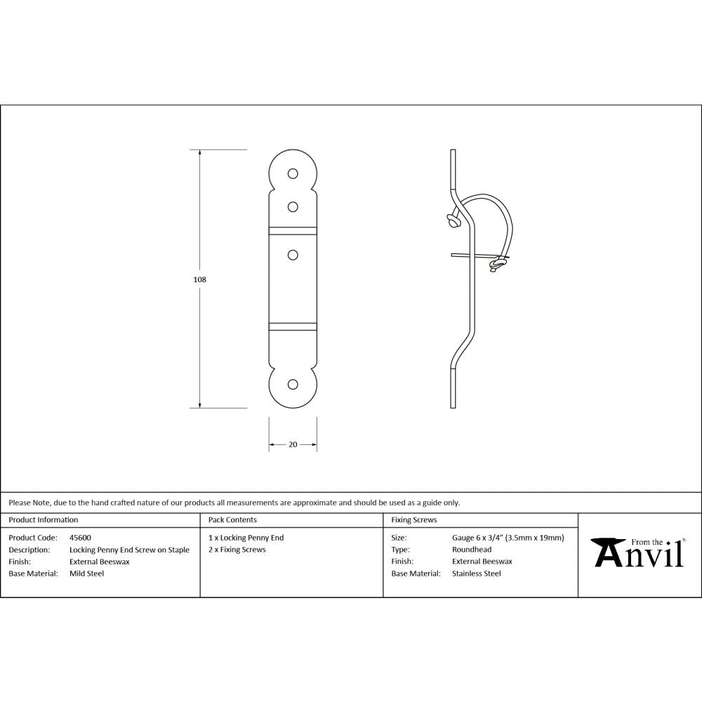 From The Anvil - External Beeswax Locking Penny End Screw on Staple | Sku. 45600 | Trade Door Handles.