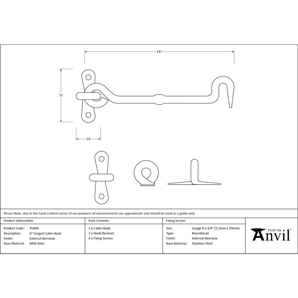 From The Anvil - External Beeswax 6" Forged Cabin Hook | Sku. 45604 | Trade Door Handles.