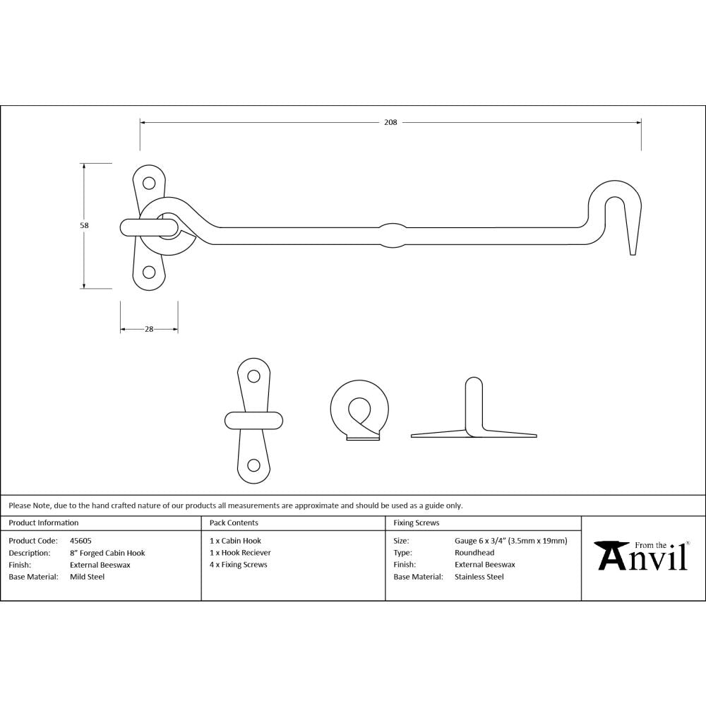From The Anvil - External Beeswax 8" Forged Cabin Hook | Sku. 45605 | Trade Door Handles.