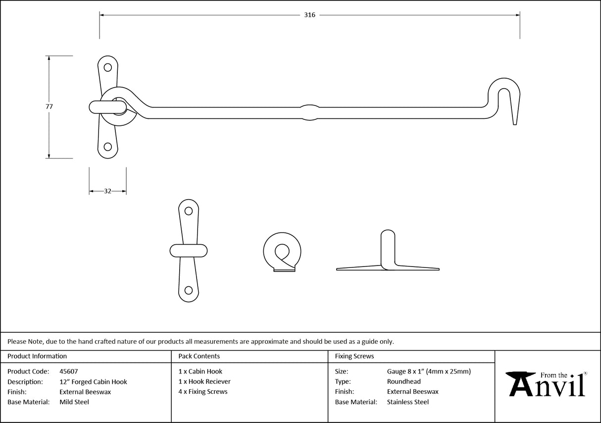 From The Anvil - External Beeswax 12" Forged Cabin Hook | Sku. 45607 | Trade Door Handles.