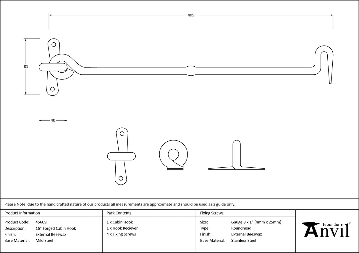 From The Anvil - External Beeswax 16" Forged Cabin Hook | Sku. 45609 | Trade Door Handles.