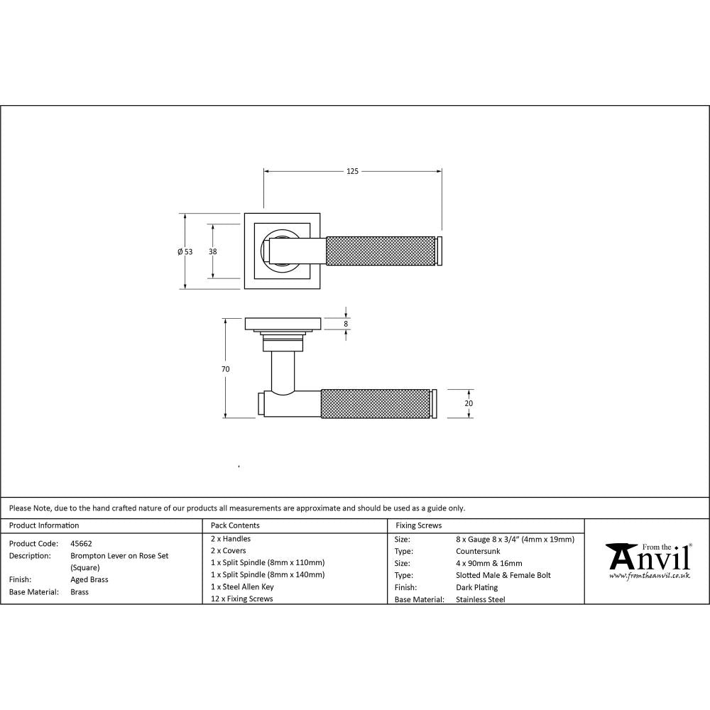 From The Anvil - Aged Brass Brompton Lever on Rose Set (Square) | Sku. 45662 | Trade Door Handles.