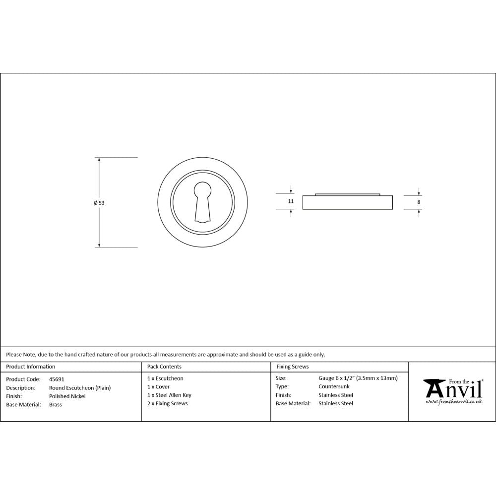 From The Anvil - Polished Nickel Round Escutcheon (Plain) | Sku. 45691 | Trade Door Handles.