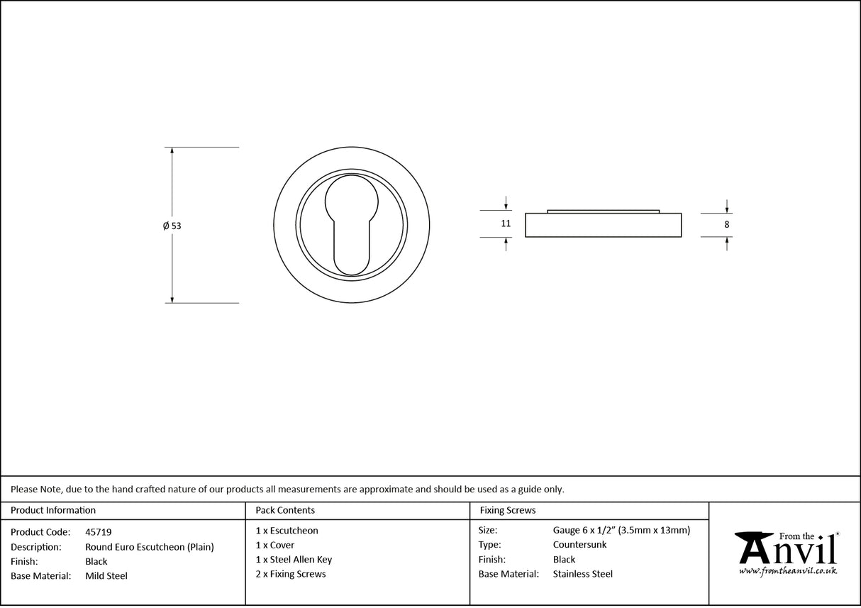 From The Anvil - Black Round Euro Escutcheon (Plain) | Sku. 45719 | Trade Door Handles.