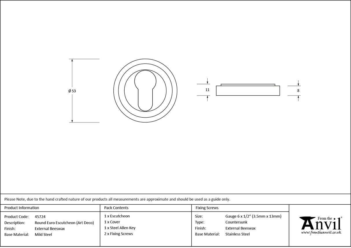 From The Anvil - External Beeswax Round Euro Escutcheon (Art Deco) | Sku. 45724 | Trade Door Handles.